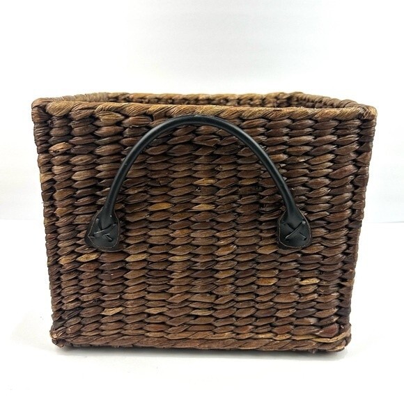 Square Brown Wicker Basket with Leather Handles 10.5” x 8.5” - Picture 6 of 9